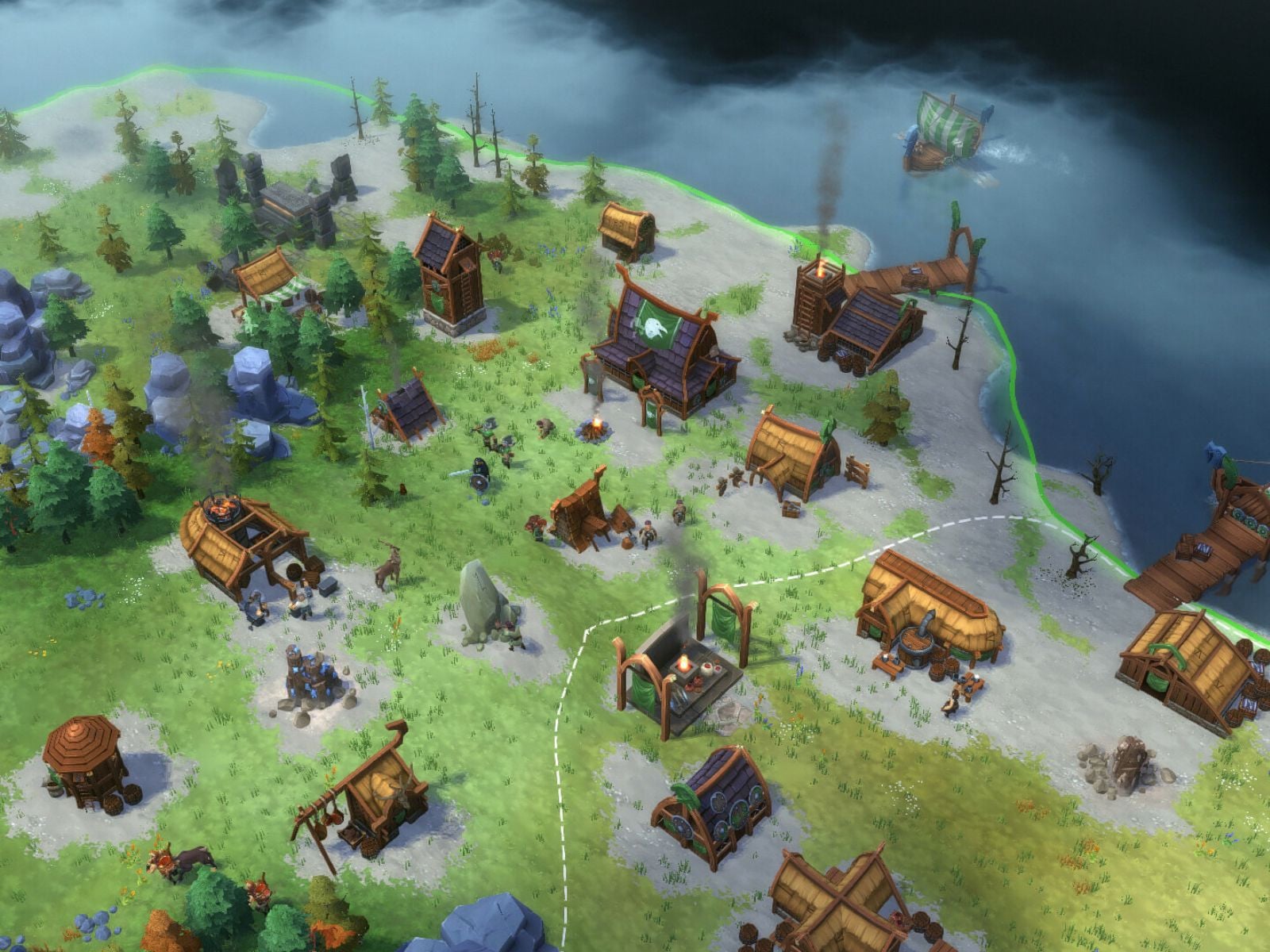 ゲーム『Northgard: Definitive Edition』に登場する村の一場面。同ゲーム特有のグラフィック・スタイルが特徴的だ。