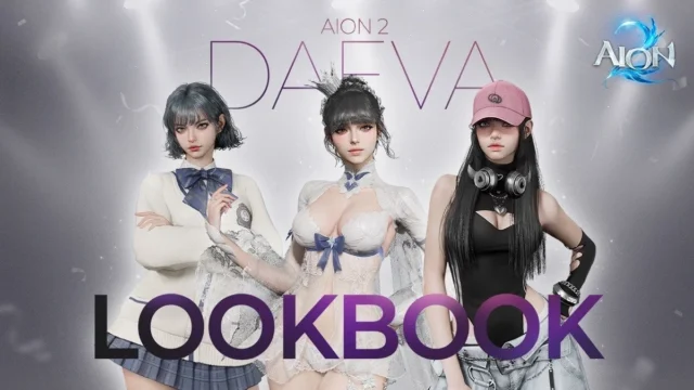 AION2ルックブックのビジュアル。衣装を着た女性キャラクター3人が並ぶ
