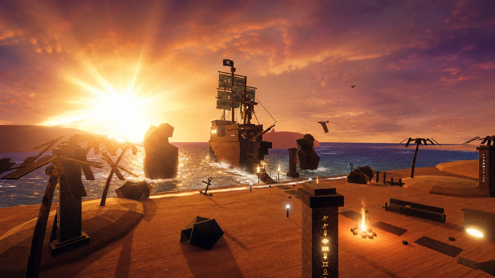 夕日に照らされた海辺の島と海賊船が見えるゲーム画面