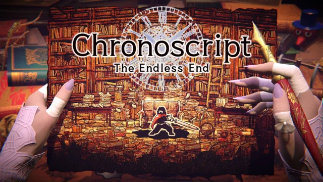 『Chronoscript: The Endless End』のタイトルロゴと原稿用紙の本棚の絵