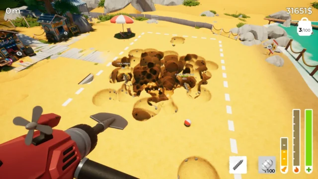 A Game About Digging A Hole Together、砂地で穴を掘る一人称のプレイ画面