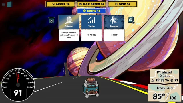 Reality Driftのスクリーンショット。宇宙を走るコースで、上部に複数の強化カードを選択するUIが表示されている。