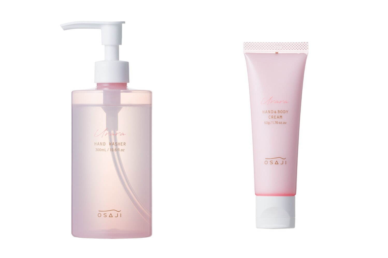 左から)オサジ ハンドウォッシャー Urara〈ウララ〉300mL 2,970円、オサジ ハンド&ボディクリーム Urara〈ウララ〉50g 1,760円<数量限定>