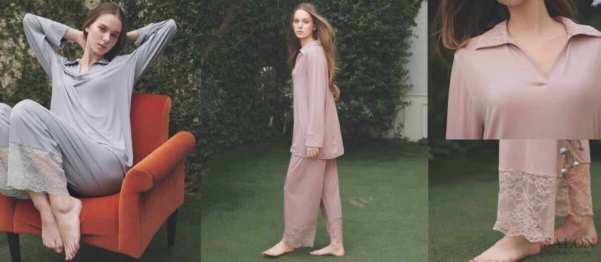 商品名：レーヨンレーススキッパーパジャマ 価格：7,600円 サイズ：ワンサイズ カラー：ブルーグレー、ピンク