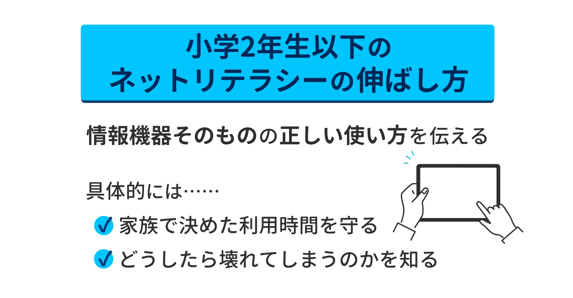 小学2年生以下のネットリテラシーの伸ばし方　情報機器そのものの正しい使い方を伝える　具体的には…家族で決めた利用時間を守る・どうしたら壊れてしまうのかを知る