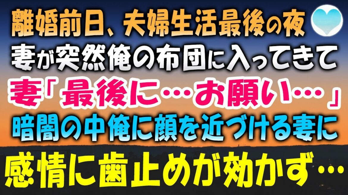 【感動する話】離婚届けを渡し夫婦生活最後の夜、突然妻が俺の布団に入ってきて「何やってる⁉」慌てる俺に妻「最後に…お願い…」暗闇の中俺に顔を近づける妻が呟いた一言に俺の感情は…【泣ける話】朗読