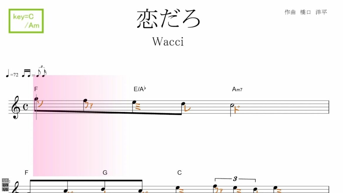恋だろ（wacci) ドラマ『やんごとなき一族』挿入歌　key=C/Am ／ドレミで歌う楽譜【コード付き】