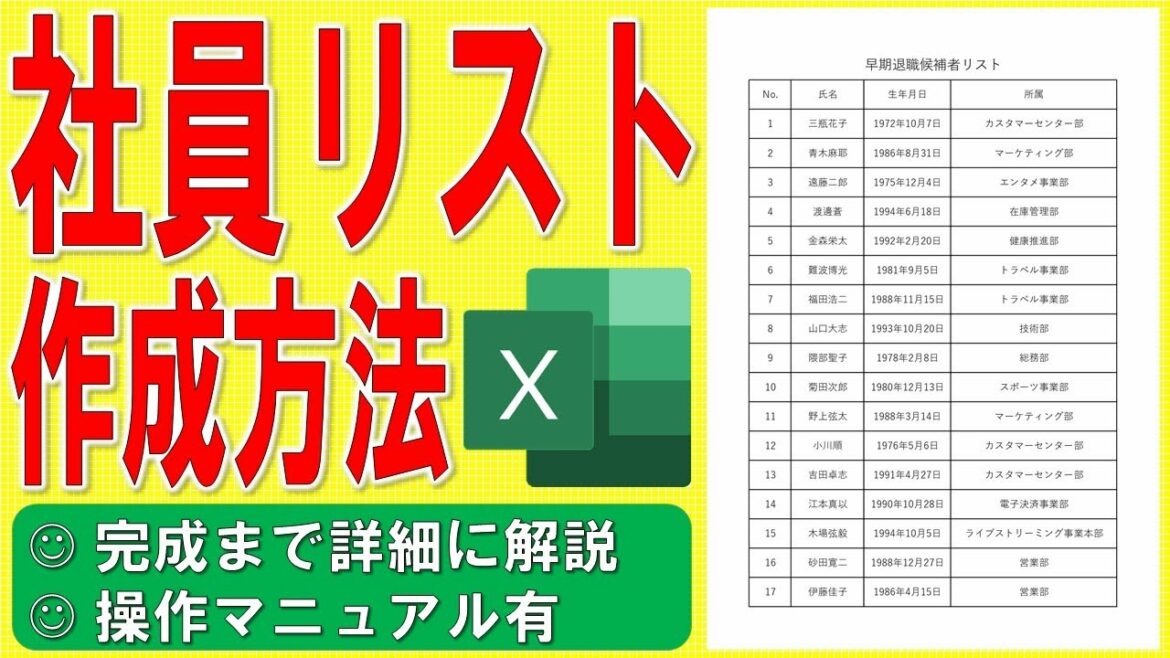 ドラマ「悪女（わる）～働くのがカッコ悪いなんて誰が言った？～」に出てきた社員リストをExcelで作る方法★Excelで早期退職候補者リストの作成方法★ゼロから始めて完成まで詳細に解説★操作マニュアル有