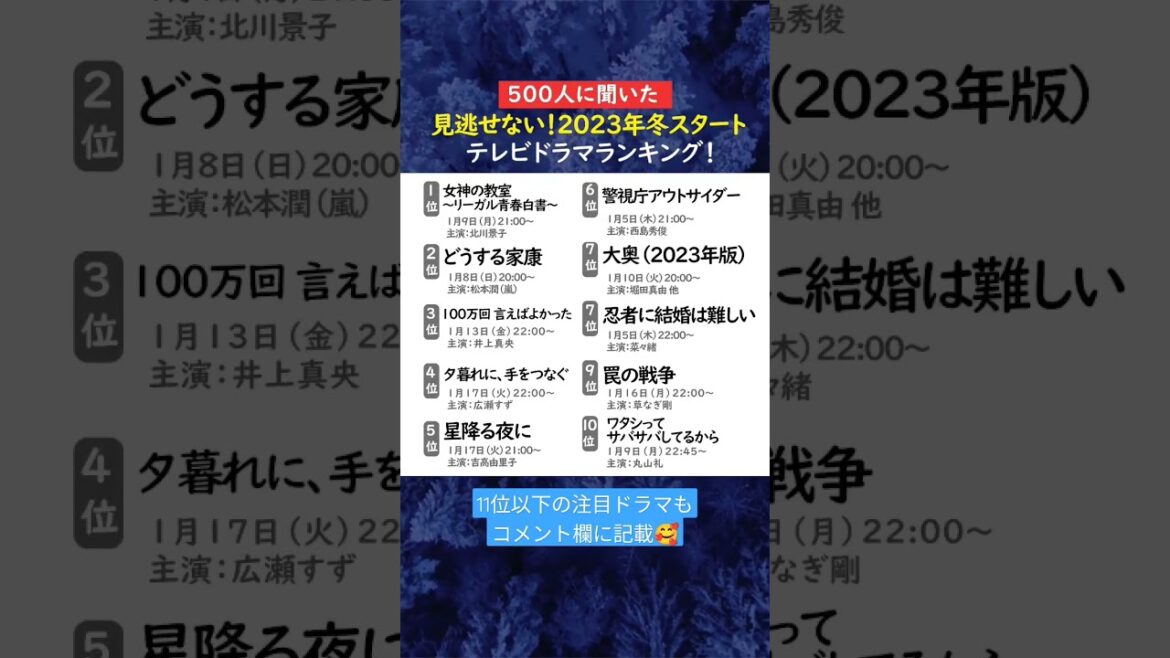 2023年冬スタート  #テレビ #ドラマ ランキング！#広瀬すず#大奥#草なぎ剛#菜々緒#堀田真由#丸山礼#井上真央#西島秀俊#吉高由里子#どうする家康