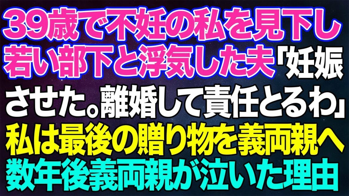 【スカッとする話】39歳で不妊の私を見下す夫が「25歳の派遣の子を妊娠させた。離婚して責任取るわw」その瞬間、私は最後の贈り物を義両親へ→数年後、義両親が泣きついた理由がw【修羅場】