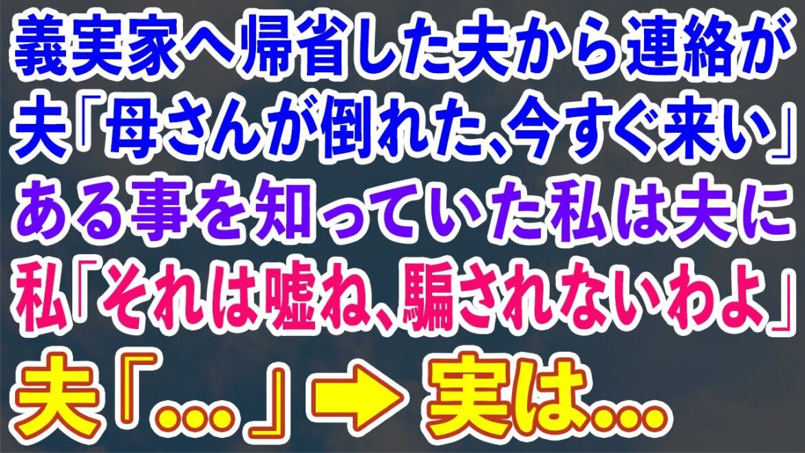 【スカッとする話】義実家へ帰省した夫から連絡が 夫「母さんが倒れた、今すぐ来い」→ある事を知っていた私は夫に 私「それは嘘ね、騙されないわよ」夫「...」→実は...【修羅場】
