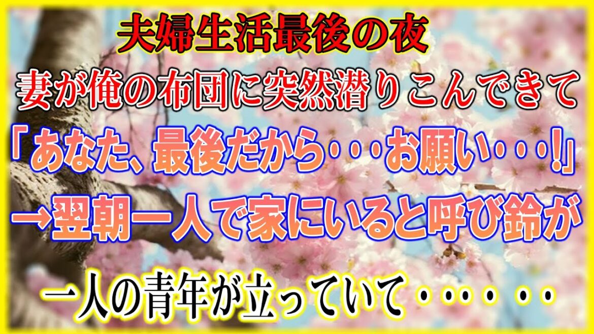 【感動する話】離婚届を記入し夫婦生活最後の夜、突然妻が俺の布団に入ってきて「どうした？」妻「最後に一緒に寝よ？」→離婚届を出す日の一人でいた朝、インターホンが鳴ると一人の青年が立っていて…【泣ける話】