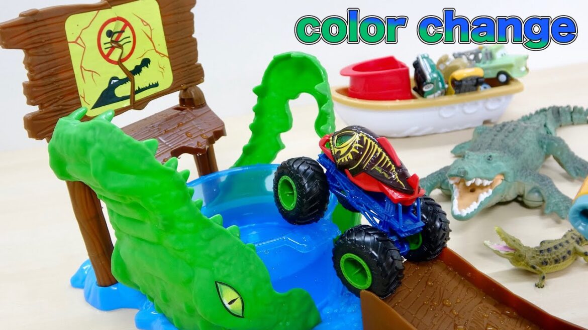 船に向かって大ジャンプ!失敗するとワニの口🐊 Hot Wheels 色が変わるモンスタートラック! COLOR SHIFTERS プレイセット