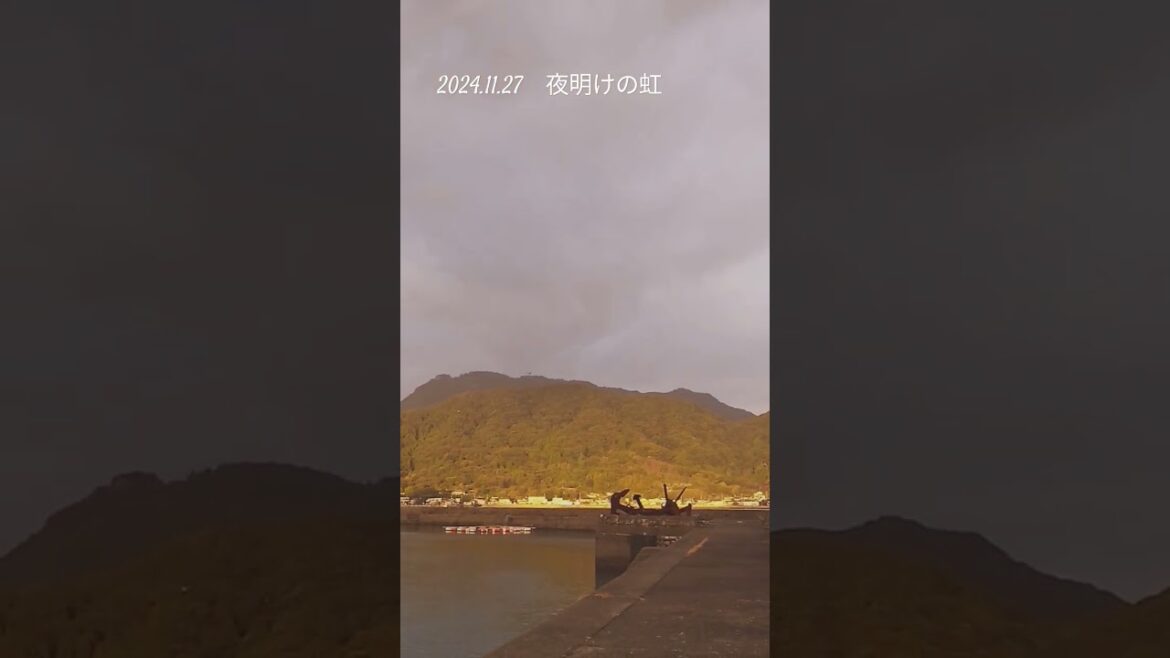 朝焼ける龍ヶ岳上空に大きな虹。クロサギが樋島港を旋回して虹へ向った。 #オリジナル曲 #クロサギ #虹
