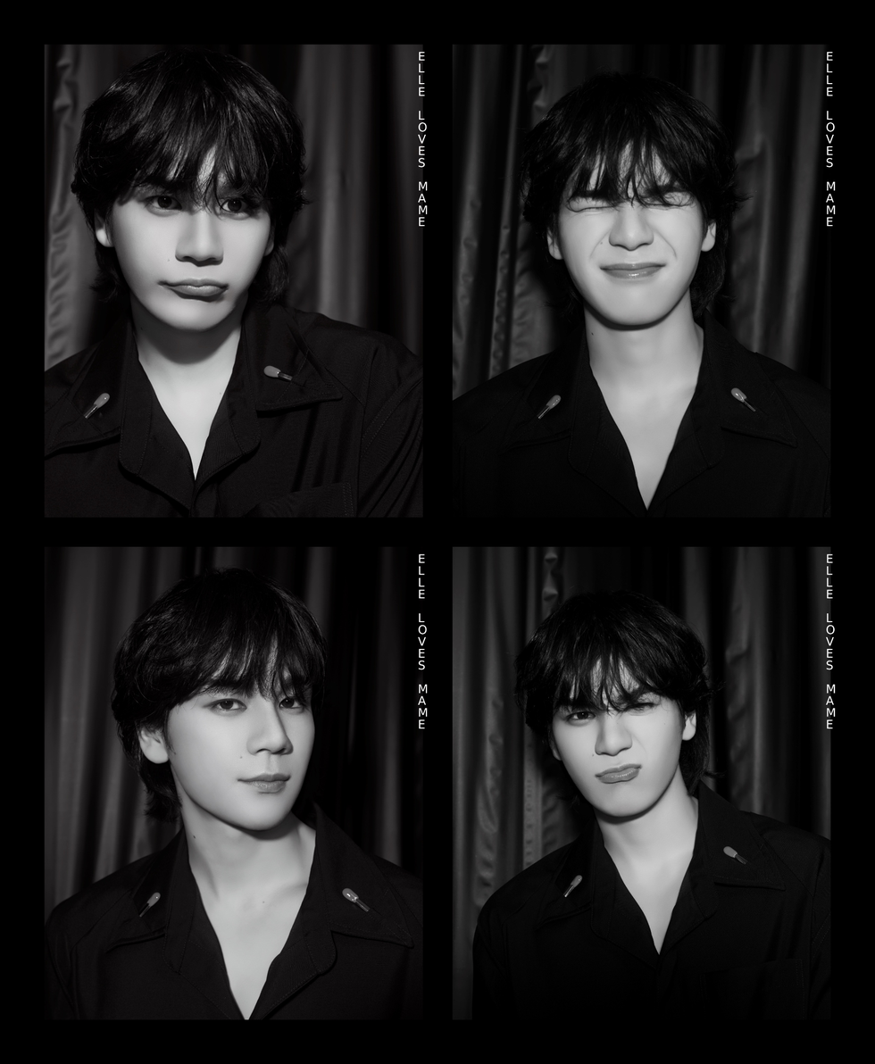 four blackandwhite portraits of a person in a dark shirt