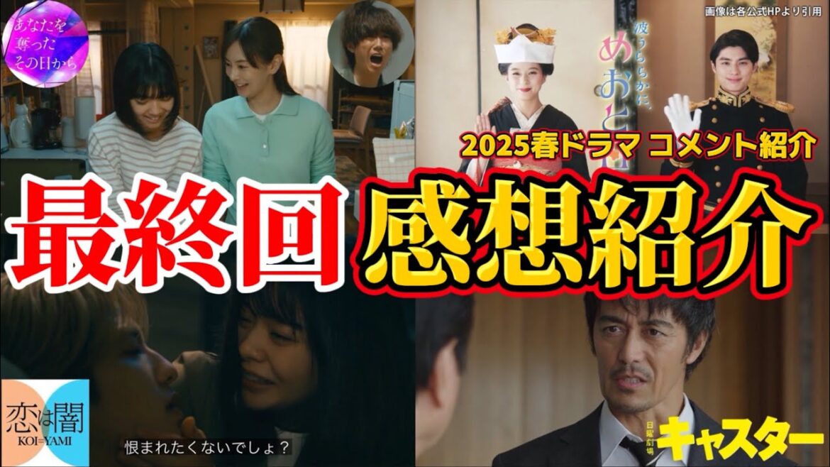 2025年春ドラマ最終回感想紹介動画＆ドラマ考察。日曜劇場キャスター、あなたを奪ったその日から、対岸の家事、恋は闇、波うららかに、めおと日和。