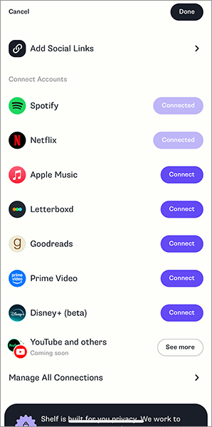 SNSアプリ「Shelf」の操作画面