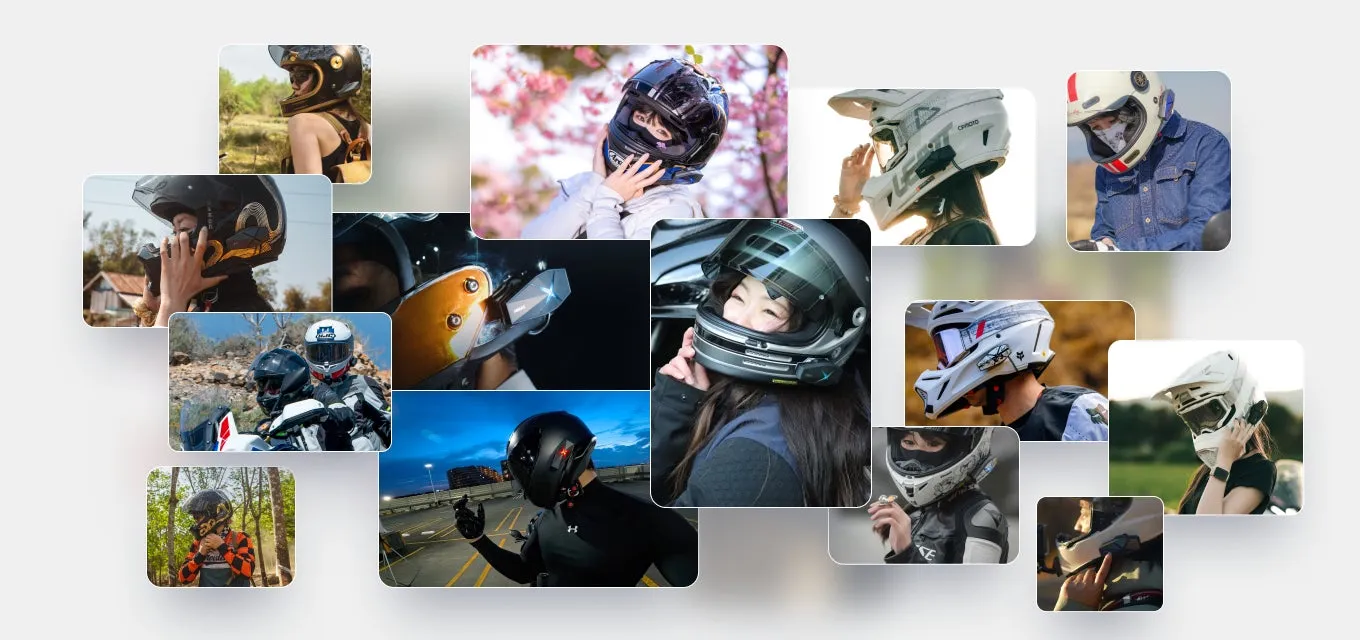 様々なバイクヘルメットを着用している人々のコラージュ画像。