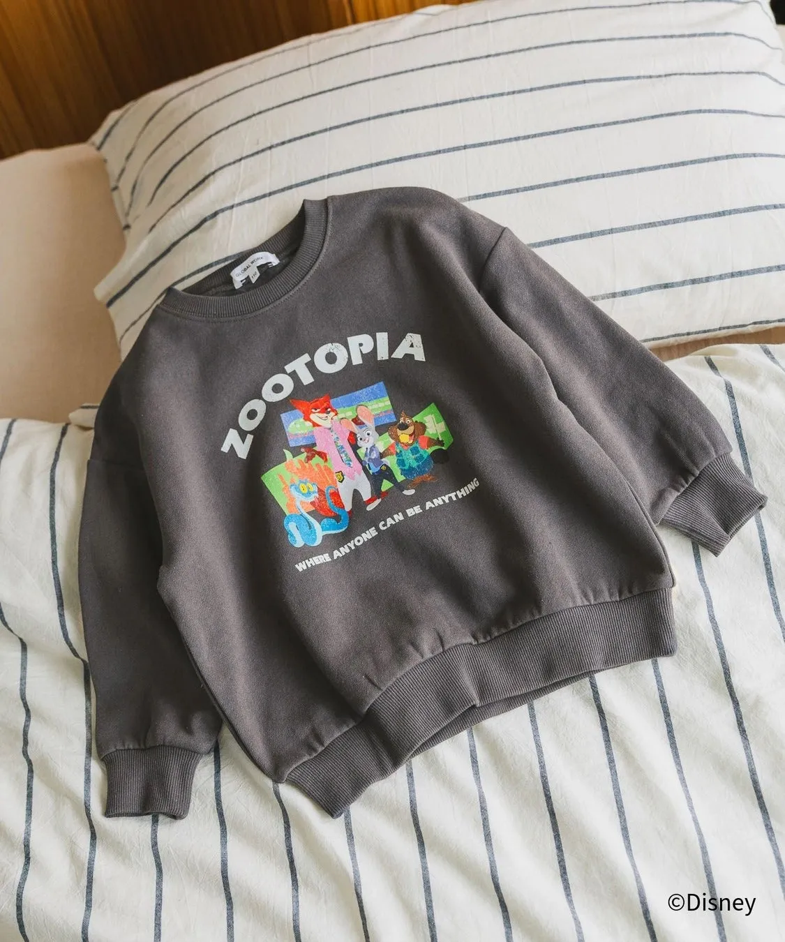 グレーのトレーナー。前面に映画「ズートピア」のキャラクターが描かれており、映画のタイトルとキャッチコピーがプリントされている。