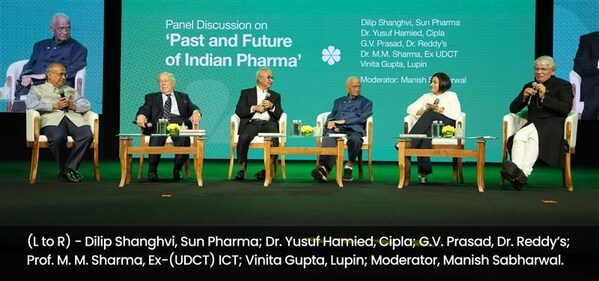 (L to R) - Dilip Shanghvi, Sun Pharma; Dr. Yusuf Hamied, Cipla; G.V. Prasad, Dr. Reddy’s; Prof. M. M. Sharma, Ex-(UDCT) ICT; Vinita Gupta, Lupin; Moderator, Manish Sabharwal. (L to R) - Dilip Shanghvi, Sun Pharma; Dr. Yusuf Hamied, Cipla; G.V. Prasad, Dr. Reddy’s; Prof. M. M. Sharma, Ex-(UDCT) ICT; Vinita Gupta, Lupin; Moderator, Manish Sabharwal.