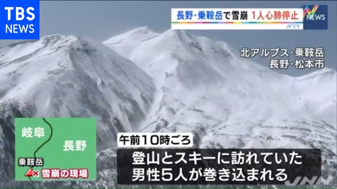 長野・乗鞍岳で雪崩、５人巻き込まれ１人心肺停止