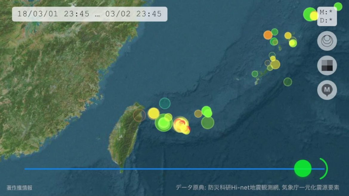 震源情報（西表島付近、2018年2月25日〜3月3日）