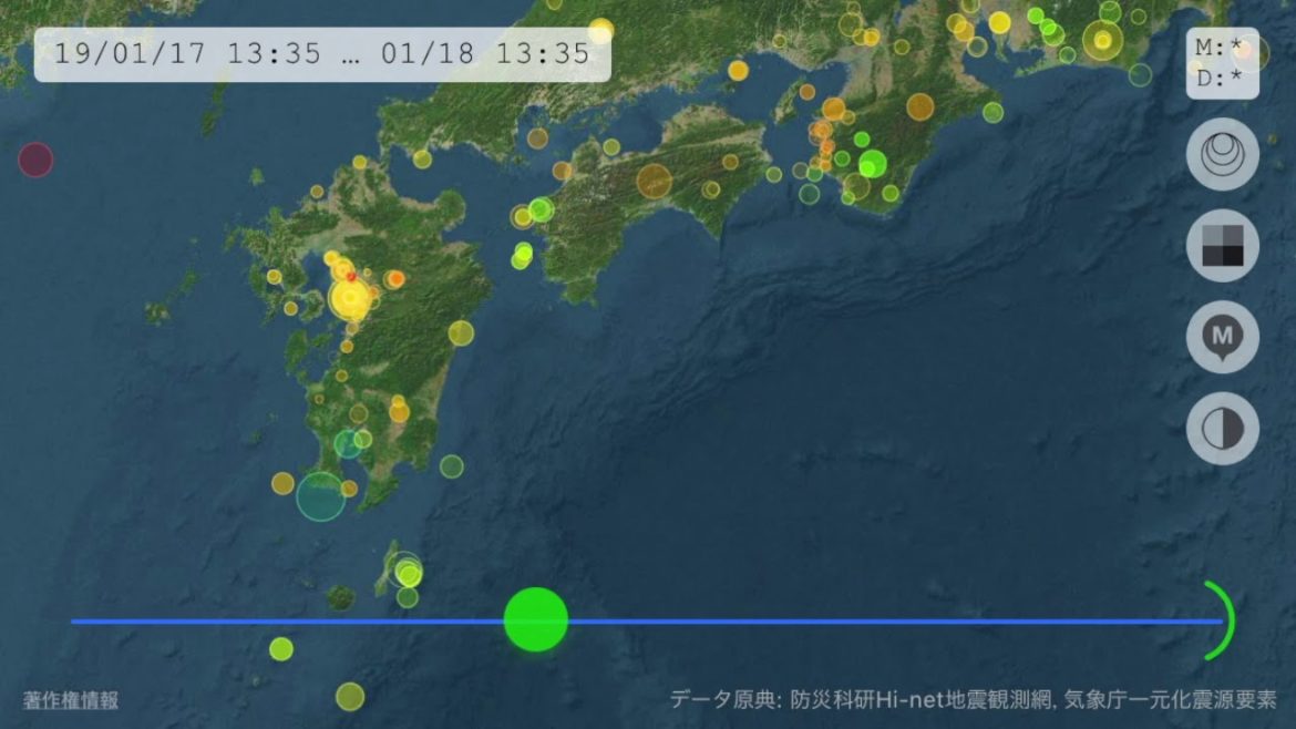 震源情報（九州・四国・近畿地方、2019年1月1日〜2月10日）