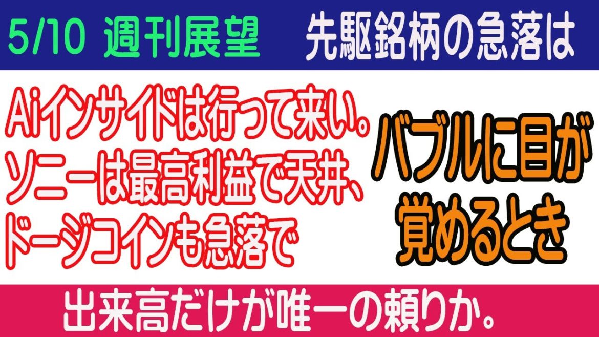【5/10週間展望】Aiインサイド、ソニー、柴犬コインなど、それぞれの市場で先駆銘柄の調整入りが大きい。出来高が鍵を握る。