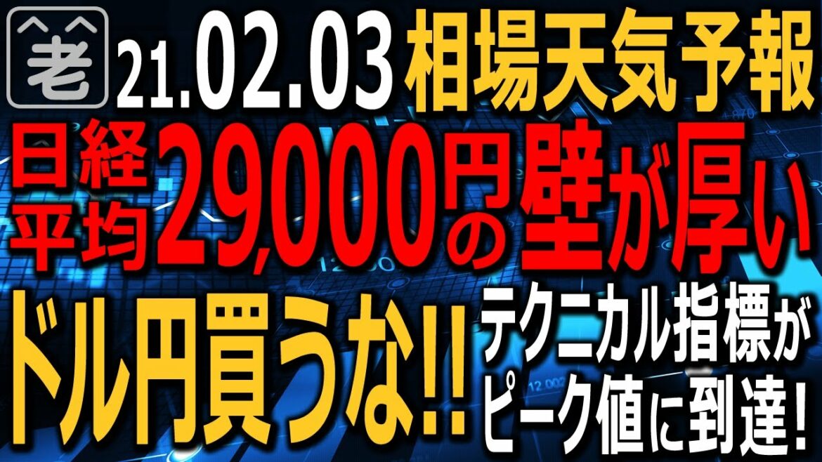 【相場天気予報】米市場の大幅上昇受けて日経平均は今日も堅調。ただし29,000円の壁が厚い。週末の雇用統計前後の波乱に注意。日本株個別銘柄動向。ドル円はテクニカルがピークに到達。ラジオヤジの相場解説。