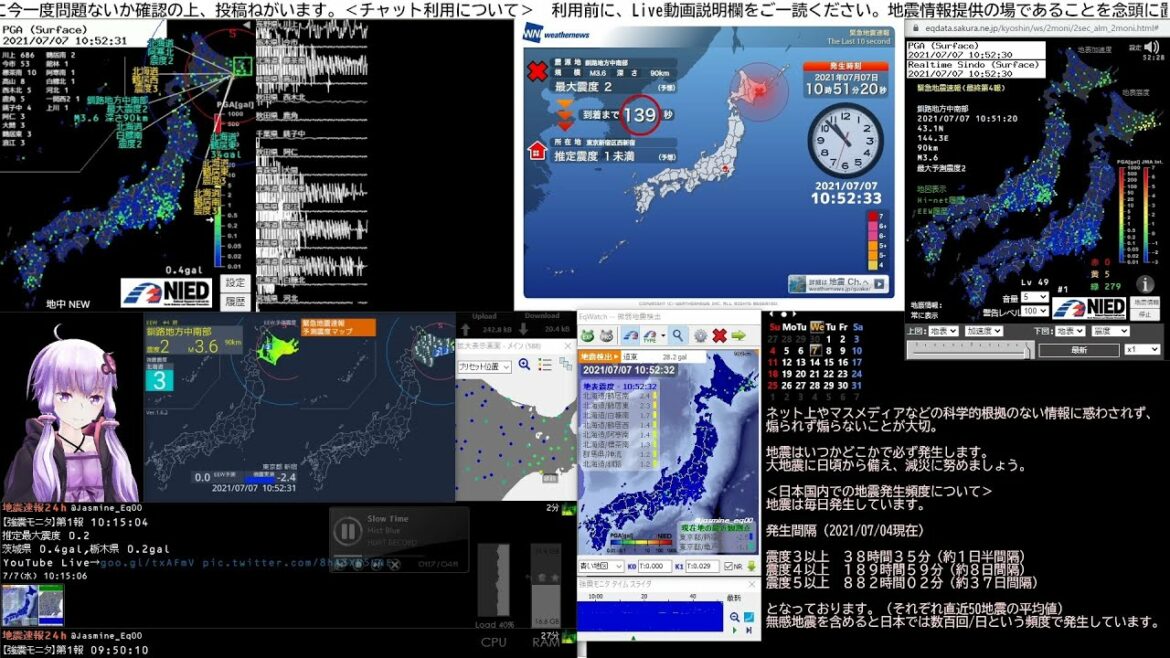 【緊急地震速報】2021/07/07 10:51発生 釧路地方中南部 M3.9 最大震度2
