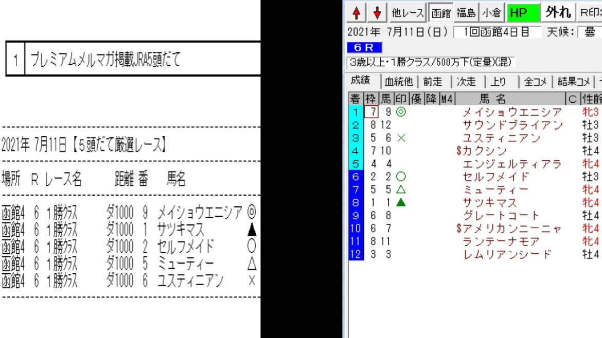 競馬予想メールマガジン配信結果 2021年7月11日 5頭BOX 1戦0勝