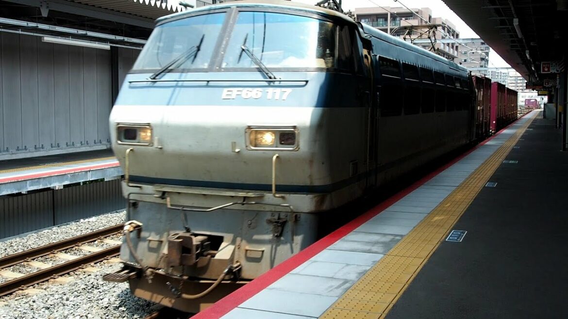 おおさか東線 JR野江駅 201系 JR西日本 電車 EF66-117 電気機関車 牽引 JR貨物 貨物列車 駅通過 Freight train Locomotive