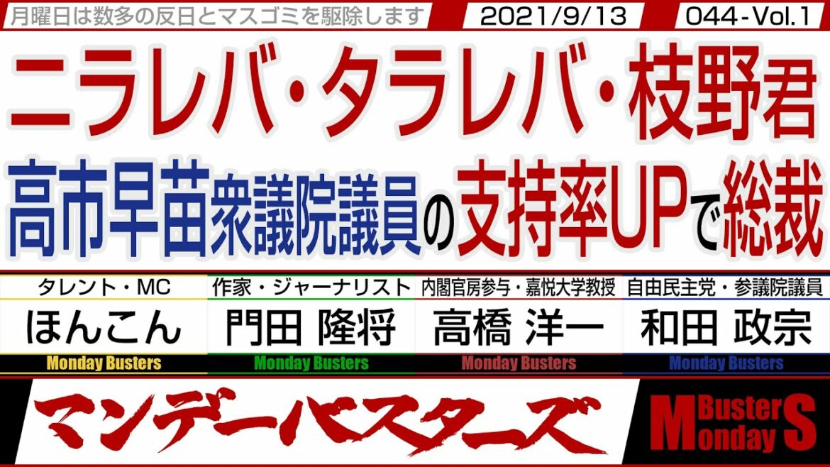 【マンデーバスターズ・一般公開ライブ】ニラレバ・タラレバ・枝野君 高市早苗衆議院議員の支持率UPで総裁　◎　二階さん足元おぼつかない 野田氏と石破氏出馬不能？・044 Vol.1 / 20210913