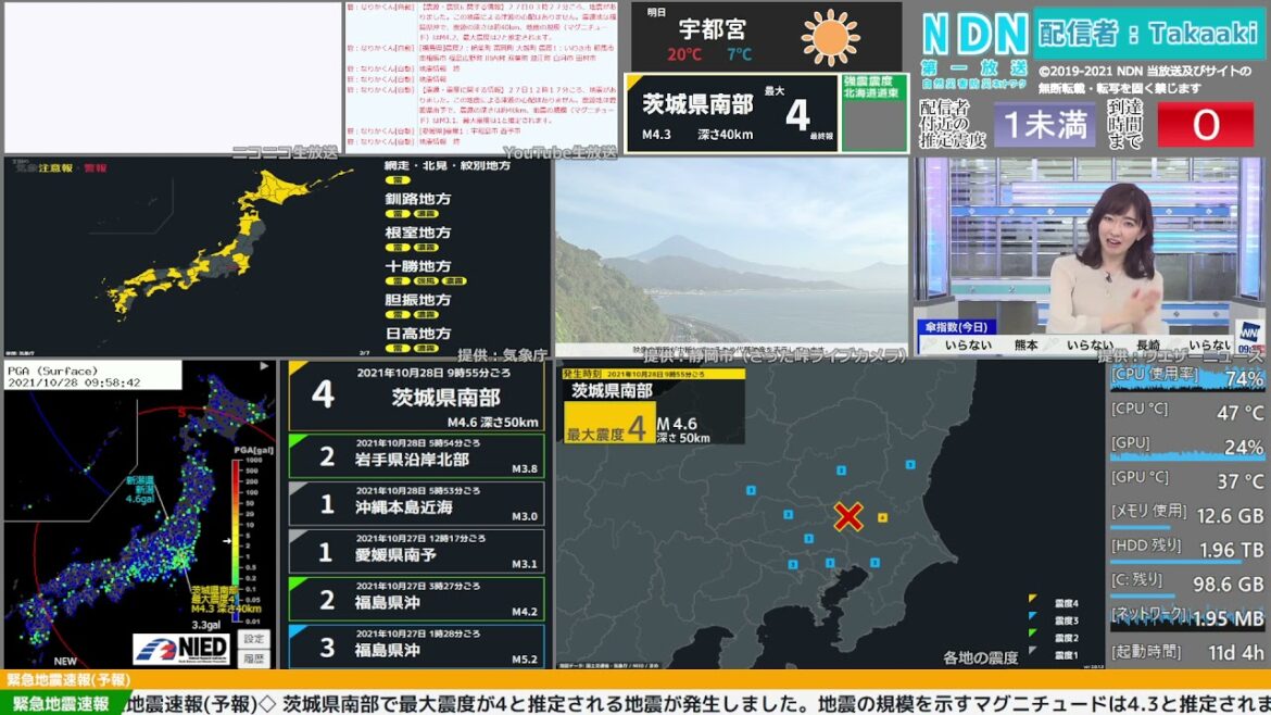 【緊急地震速報（予報）】茨城県南部　最大震度4