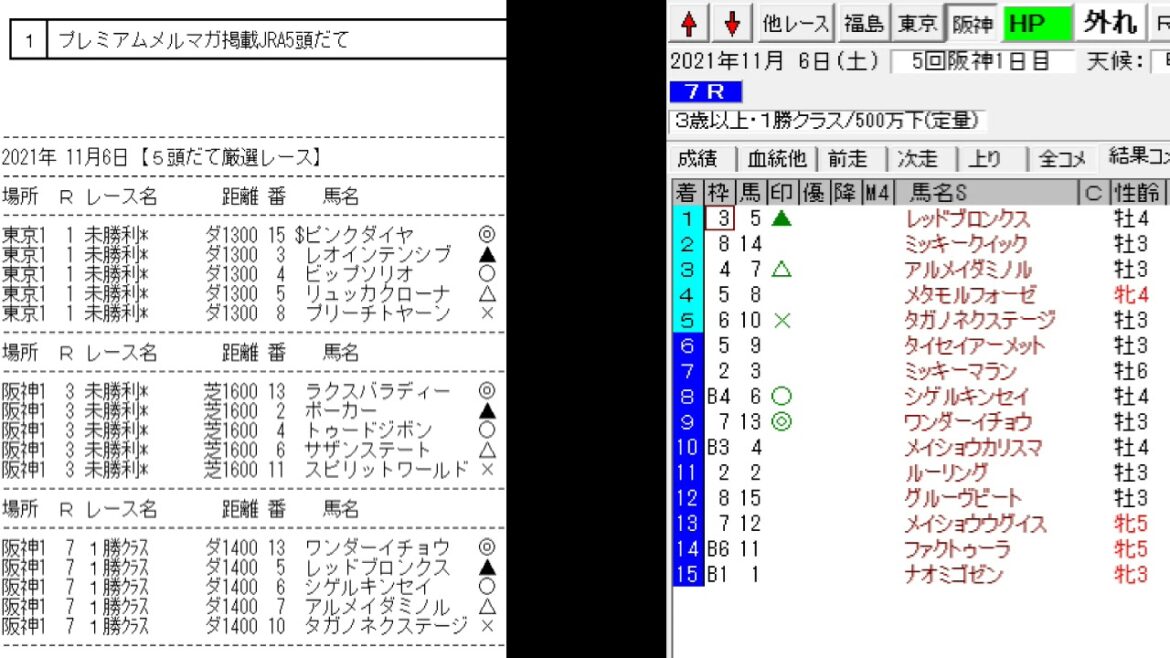 競馬予想メールマガジン配信結果 2021年11月6日 5頭BOX 3戦1勝