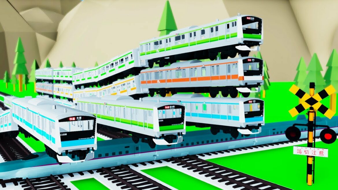 【踏切アニメ】重なって飛び越える京浜東北線や中央線や横浜線の電車【カンカン】Railroad Crossing Train Animation