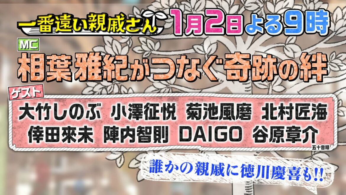 【公式】相葉雅紀ＭＣ「はじめまして！一番遠い親戚さん」1月2日夜9時！北村匠海・谷原章介・菊池風磨・小澤征悦・大竹しのぶ・倖田來未の親戚を徹底調査！誰かの親戚が徳川慶喜だった…!?新たな絆が続々と！