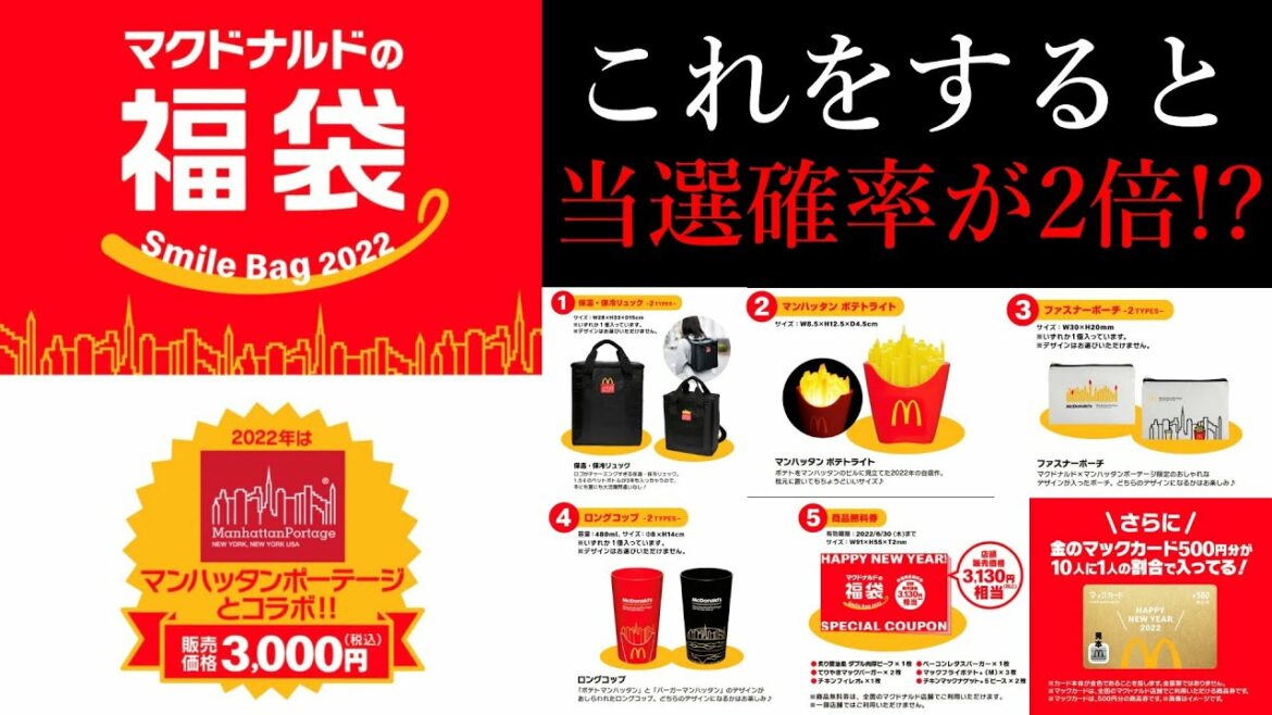 【2022福袋販売情報】2022マクドナルド福袋の抽選販売予約がスタートしました。当選確率が2倍になる方法も！？今年はバッグで有名なマンハッタンポーターズコラボです！