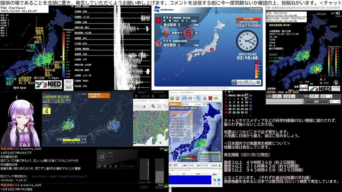 【緊急地震速報】2021/12/03 02:18発生 山梨県東部・富士五湖 M4.1 最大震度4 ほか1地震
