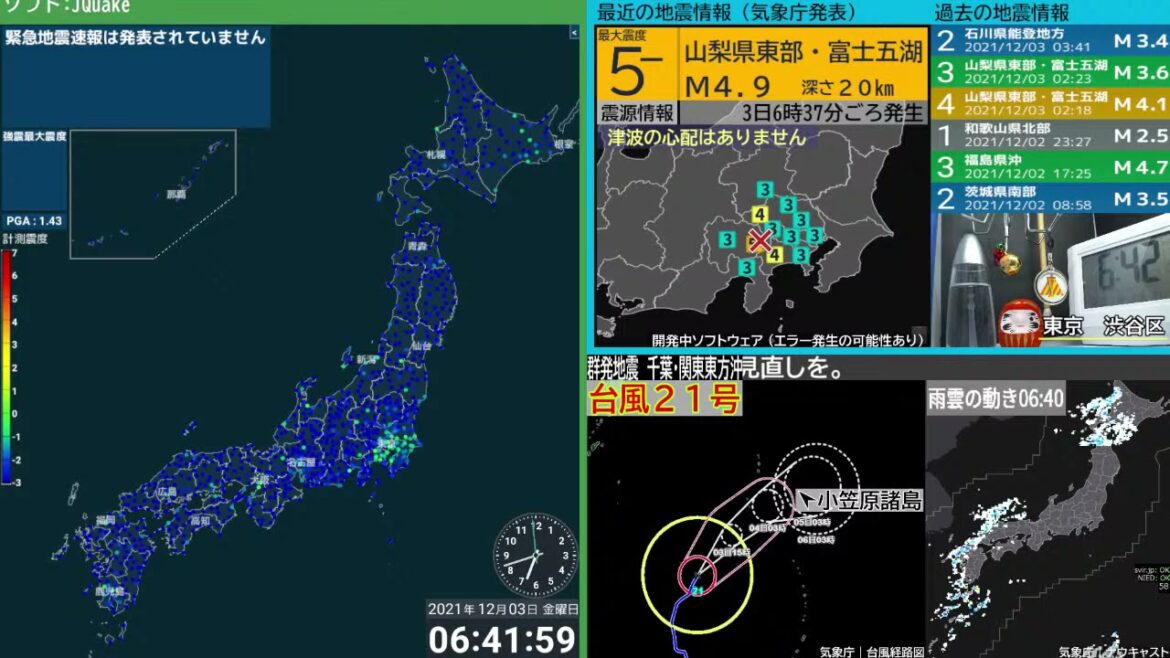 【強い地震】山梨県東部・富士五湖　震度５弱　M4.9　（2021/12/3 6:37ごろ　切り抜きアーカイブ）