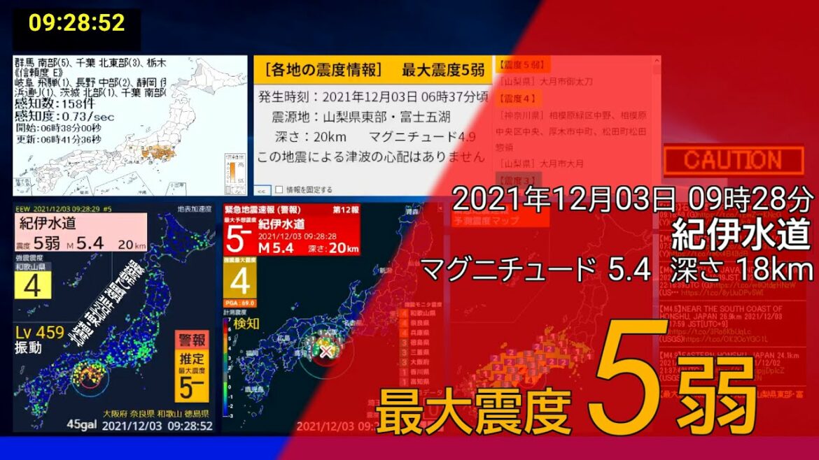 ［緊急地震速報］2021-12-03 09:28 紀伊水道(最大震度5弱 M5.4)