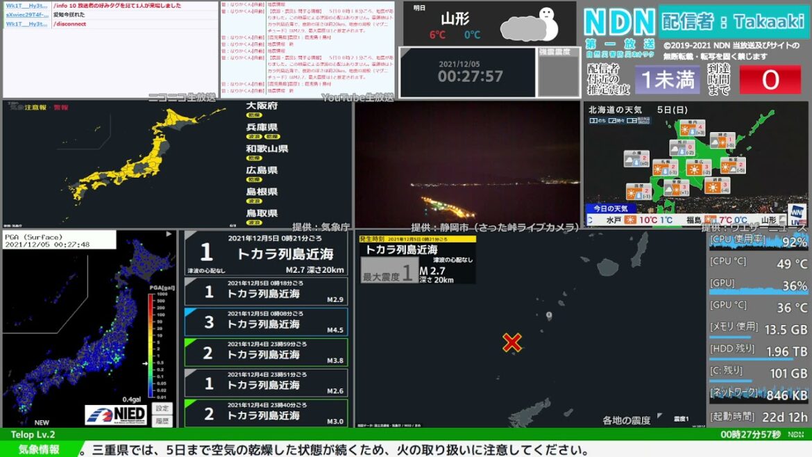【緊急地震速報（発表なし）】トカラ列島近海　最大震度3