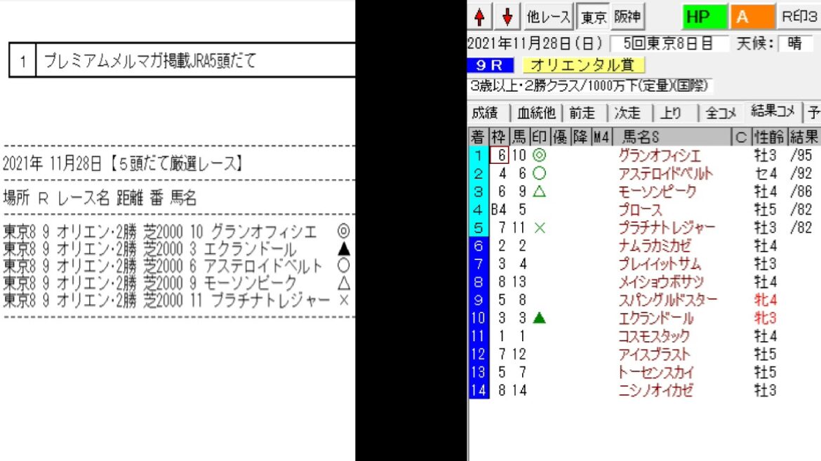 競馬予想メールマガジン配信結果 2021年11月28日 5頭BOX 1戦1勝