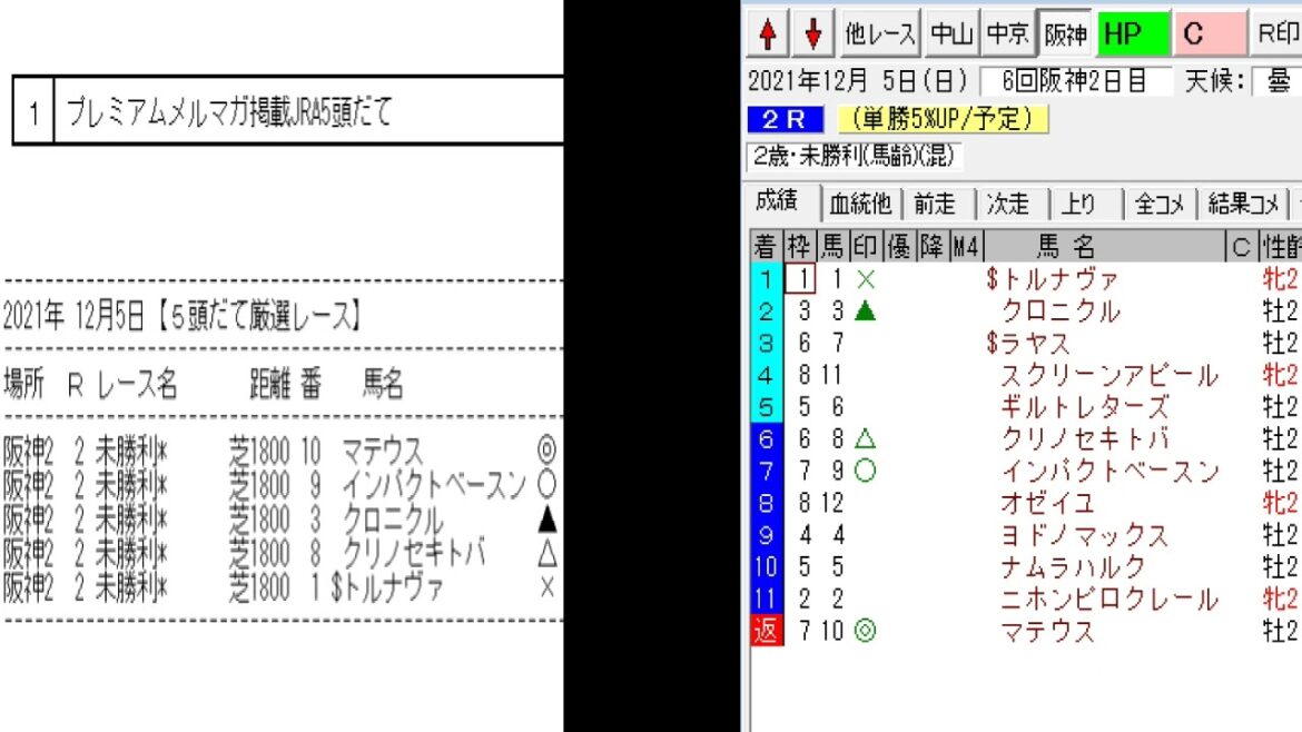 競馬予想メールマガジン配信結果 2021年12月5日 5頭BOX 1戦1勝