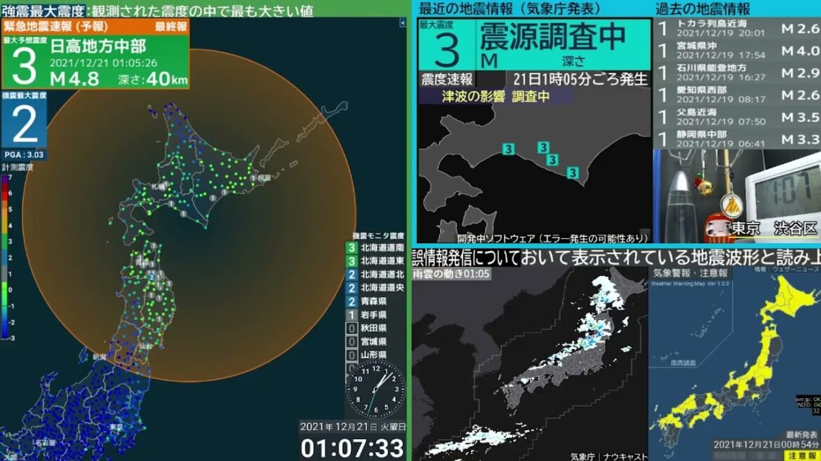 【地震】日高地方中部　震度３　M4.8　（2021/12/21 1:05ごろ　ノーカットアーカイブ）