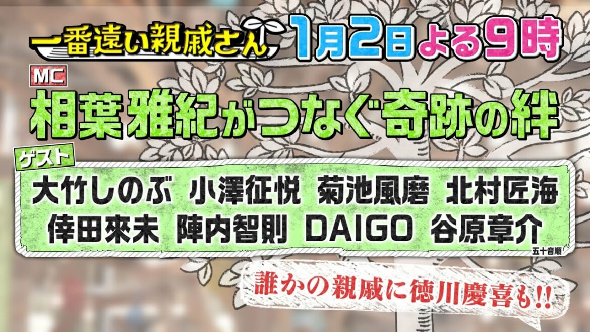 【公式】相葉雅紀ＭＣ「はじめまして！一番遠い親戚さん」1月2日夜9時！北村匠海・谷原章介・菊池風磨・小澤征悦・大竹しのぶ・倖田來未の親戚を徹底調査！誰かの親戚が徳川慶喜だった…!?新たな絆が続々と！