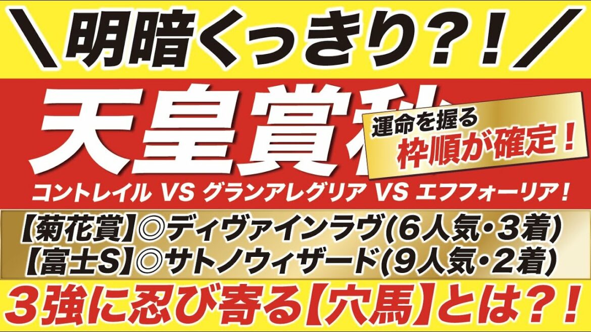 天皇賞秋 2021【予想】明暗くっきり？！運命の枠順が確定！コントレイル VS グランアレグリア VS エフフォーリア！そして３強に忍び寄る【調教も抜群だった穴馬】とは？！