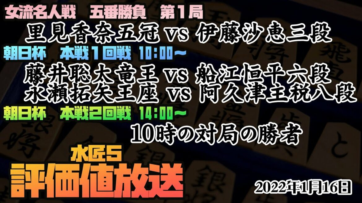 【※盤面無し　女流名人戦：里見香奈女流名人ー伊藤沙恵女流三段　朝日杯本選　10:00：豊島九段ー梶浦七段　渡辺名人ー菅井八段　14:00：勝者対局】 2022年1月16日【将棋評価値放送　水匠5】
