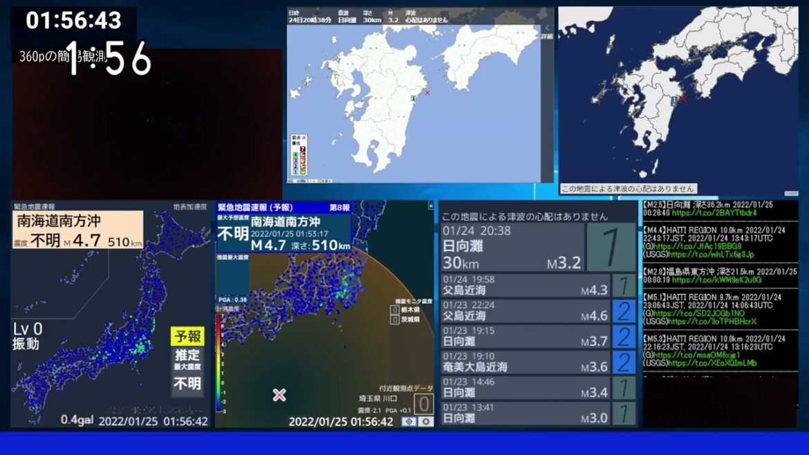 ［極めて珍しい震源でのEEW］2022.01.25 1:53 am 南海道南方沖(四国南方沖)（最大震度- M4.5 深さ505.9km ※USGSからの情報）
