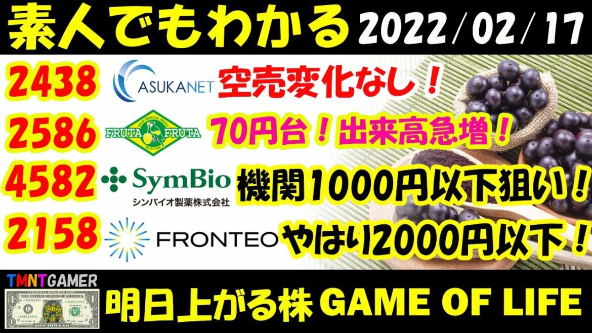 【明日上がる株】2438 アスカネット！空売進捗なし！2586 フルッタフルッタ！70円台！4582 シンバイオ製薬！油断禁物！2158 FRONTEO！モルタル単価2000円！【20220217】